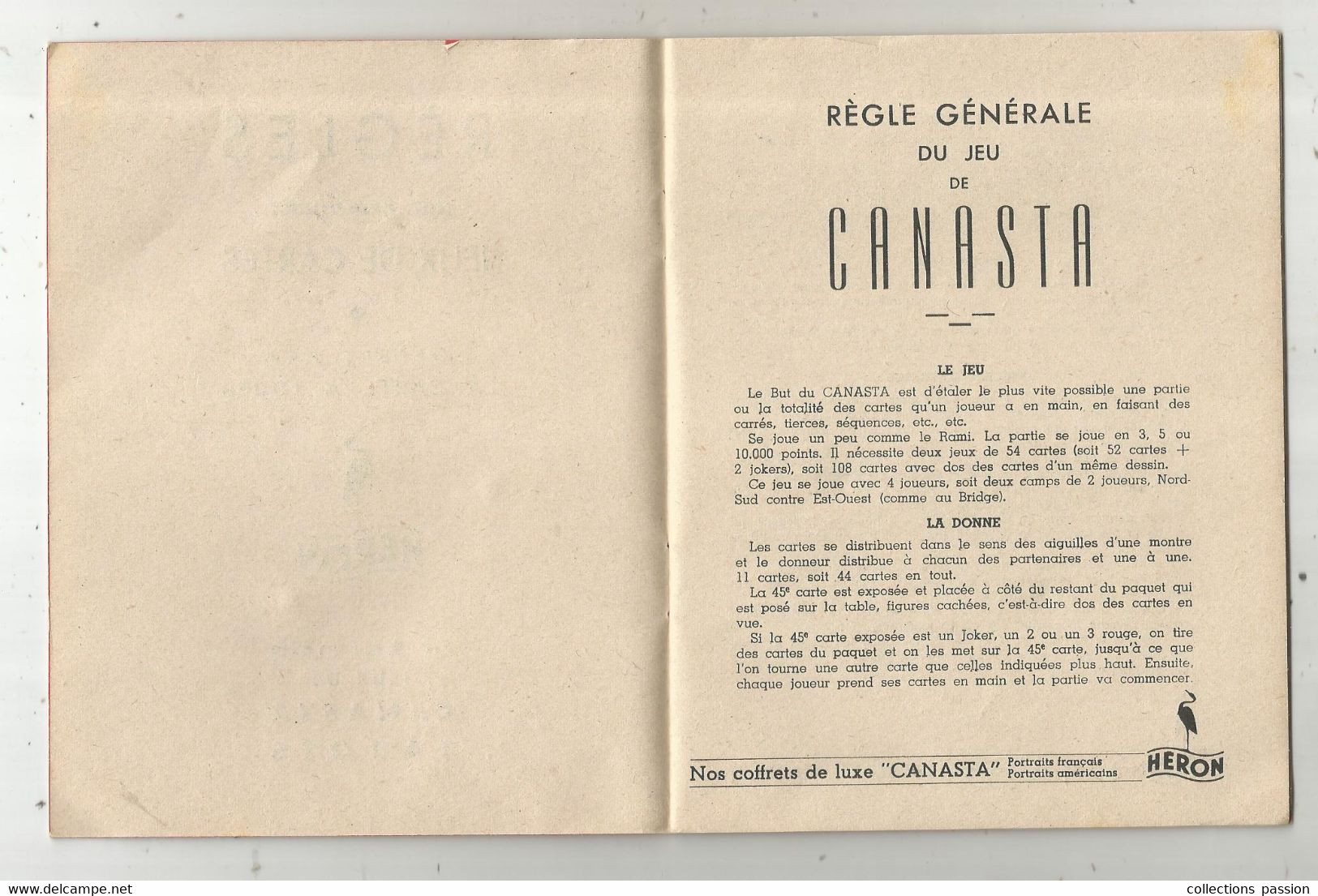 JC , Publicité, La Carte à Jouer HERON, Régles Jeux De Cartes, CANASTA, TAROTS,16 Pages, 1 ére éditions, Frai Fr 1.95 E - Advertising