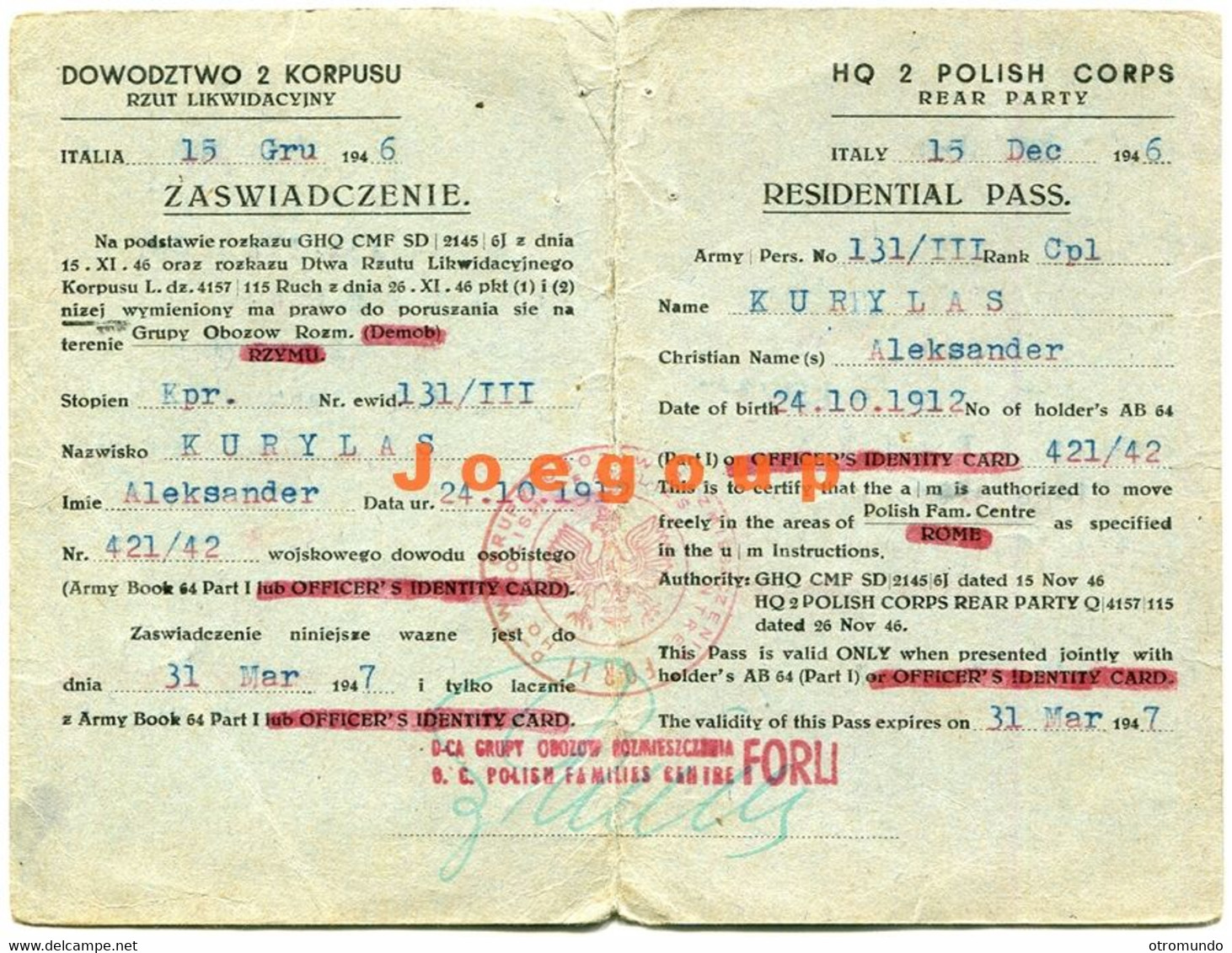 Military Card Residential Pass Polish Army Enclave Camp Falconara Italia 1947 Demobilized - Documents