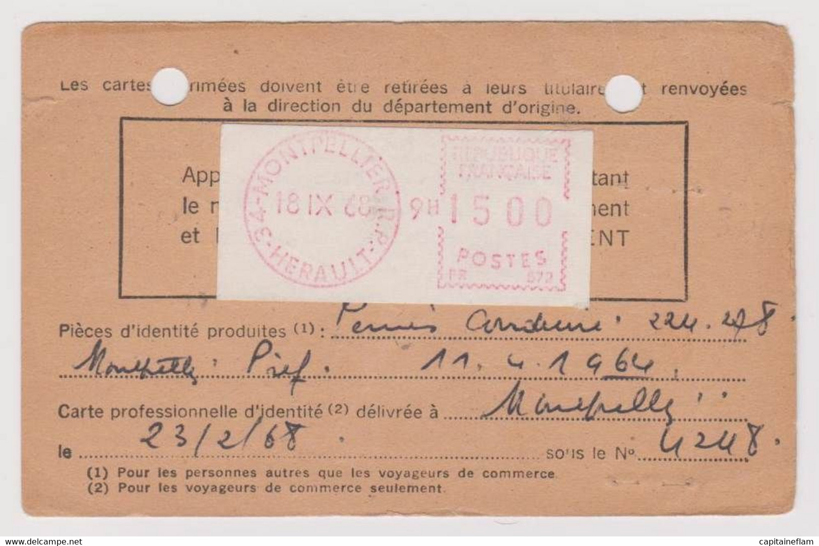 Carte D'abonnement à La Poste Restante Utilisée Référence J.A.920473 Tarif à 15 F 1968 Machine De Guichet Camp - Documents De La Poste