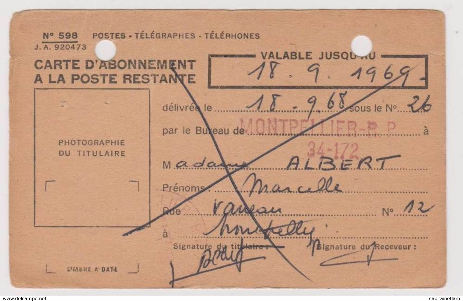 Carte D'abonnement à La Poste Restante Utilisée Référence J.A.920473 Tarif à 15 F 1968 Machine De Guichet Camp - Documents De La Poste