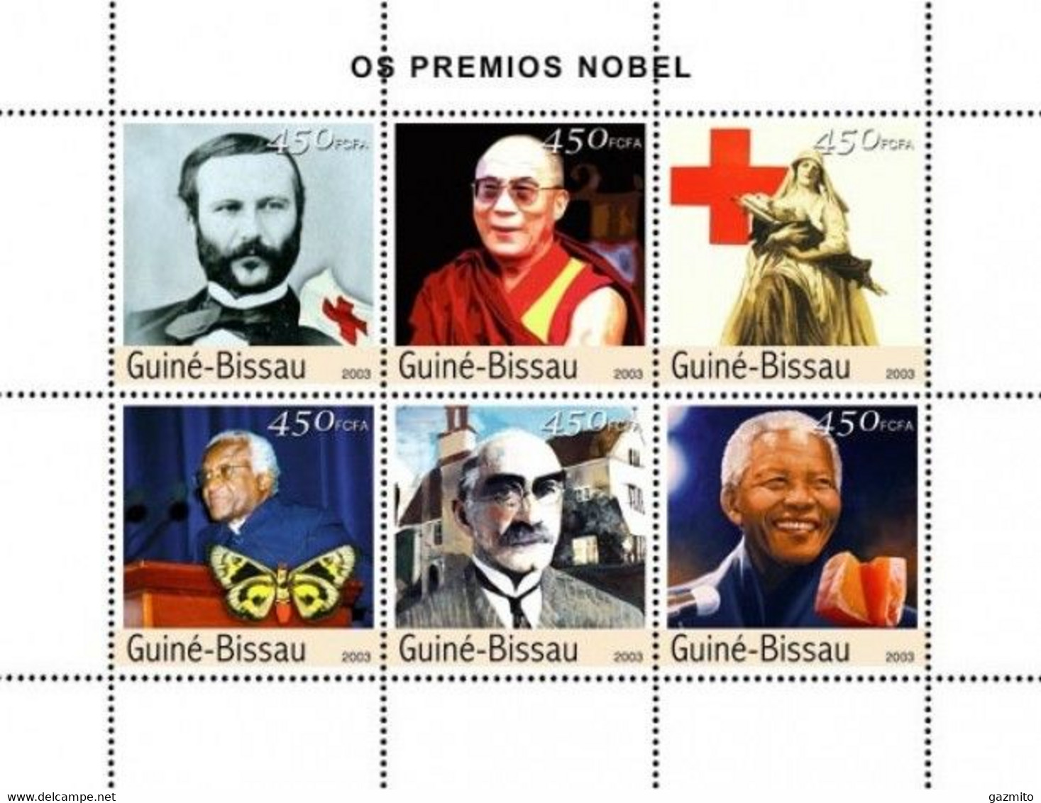 Guinea Bissau 2003, Nobel Prices, Dunant, Dalai Lama, Mandela, Butterly, Red Cross, Mineral, 6val In BF - Henry Dunant