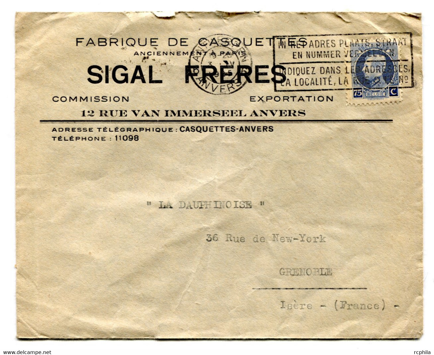 RC 21017 BELGIQUE 1925 LETTRE DE ANVERS FLAMME ENVELOPPE A ENTÊTE FABRIQUE DE CASQUETTES POUR GRENOBLE FRANCE COVER - Vlagstempels