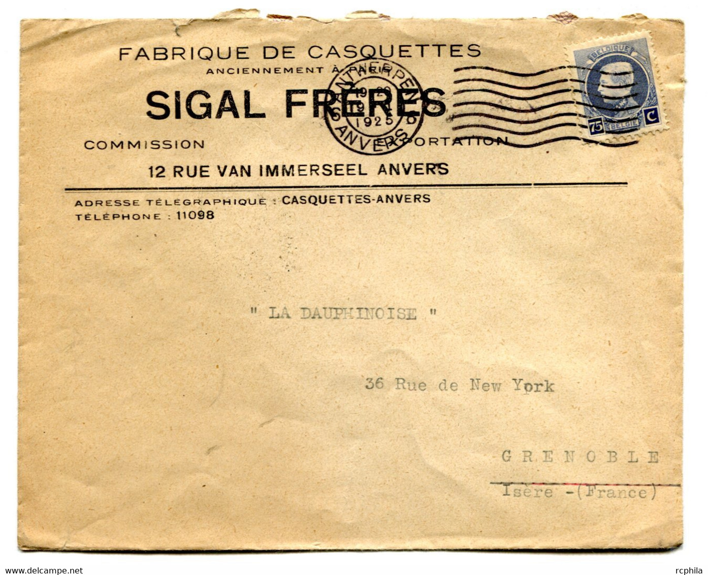 RC 21018 BELGIQUE 1925 LETTRE DE ANVERS FLAMME ENVELOPPE A ENTÊTE FABRIQUE DE CASQUETTES POUR GRENOBLE FRANCE COVER - Targhette