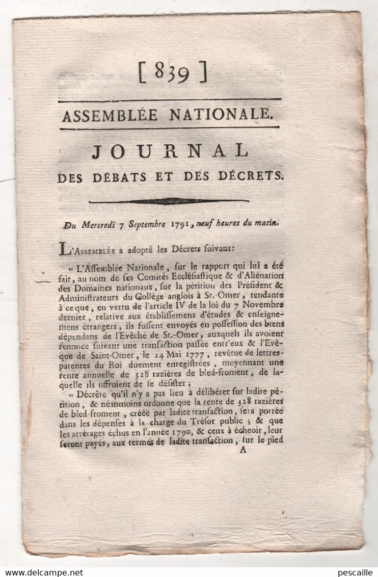 REVOLUTION FRANCAISE JOURNAL DES DEBATS 06 09 1791 - SAINT OMER - DIEPPE - ARRAS 59e REGIMENT - FAUX ASSIGNATS DUNKERQUE - Zeitungen - Vor 1800