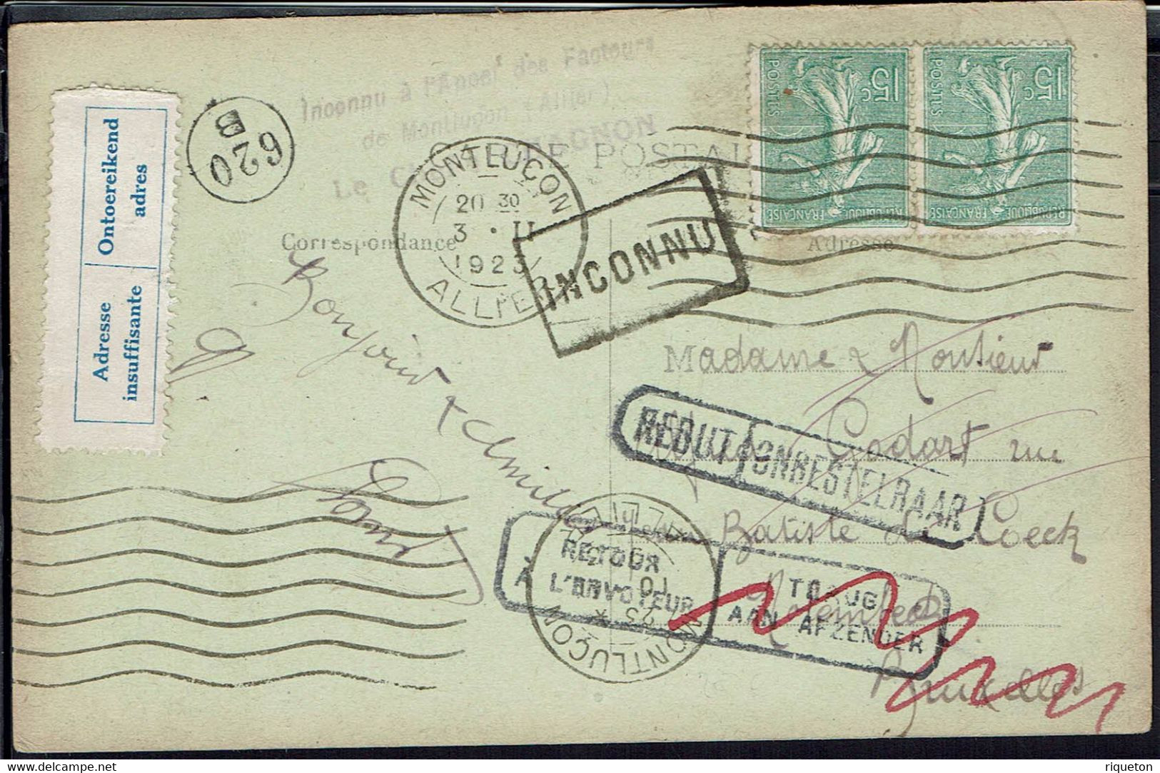 Fr - 1923 - Paire Semeuse 30 C Sur CPA "Montluçon, Tour Fouquet" Pour Bruxelles - Inconnu, Retour Envoyeur, Rebut - B/TB - Cartas & Documentos