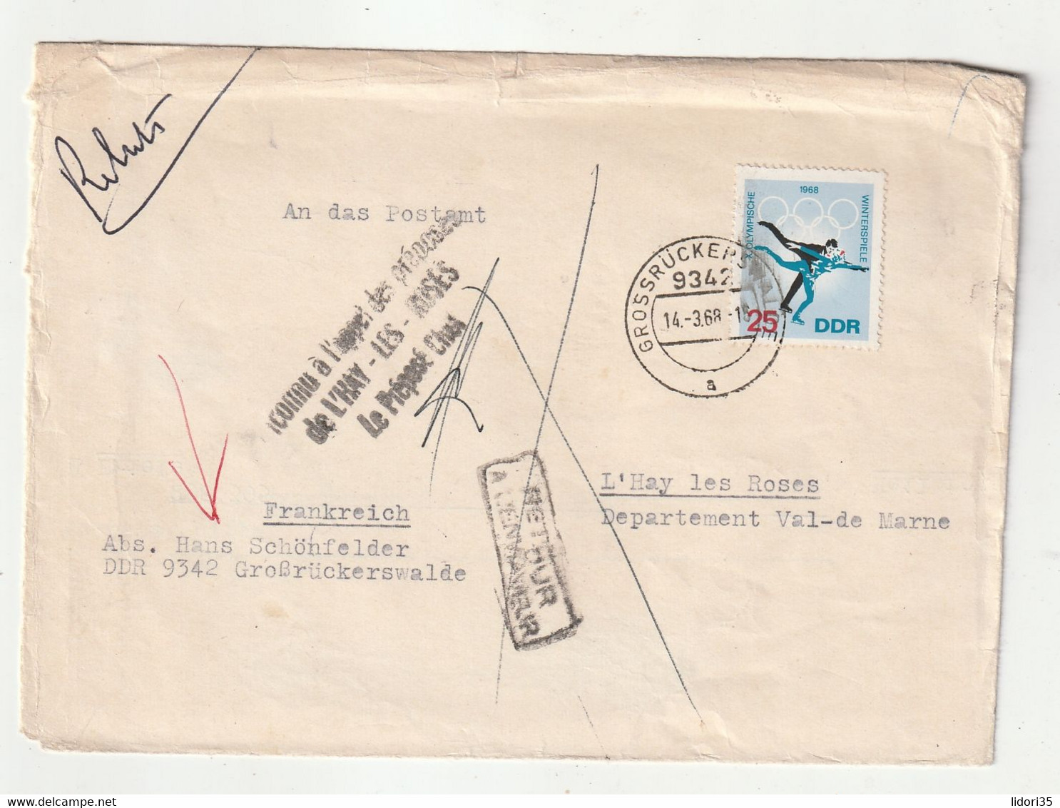 DDR - 1968 - Brief Ex "Grossrueckertswalde" Nach Frankreich,dort Retour (versch. Stempel) (2641) - Briefe U. Dokumente