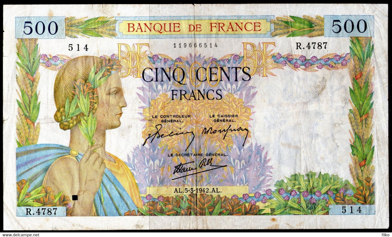 France, 500 Francs,AL. 5.3.42 AL As Scan - 500 F 1940-1944 ''La Paix''
