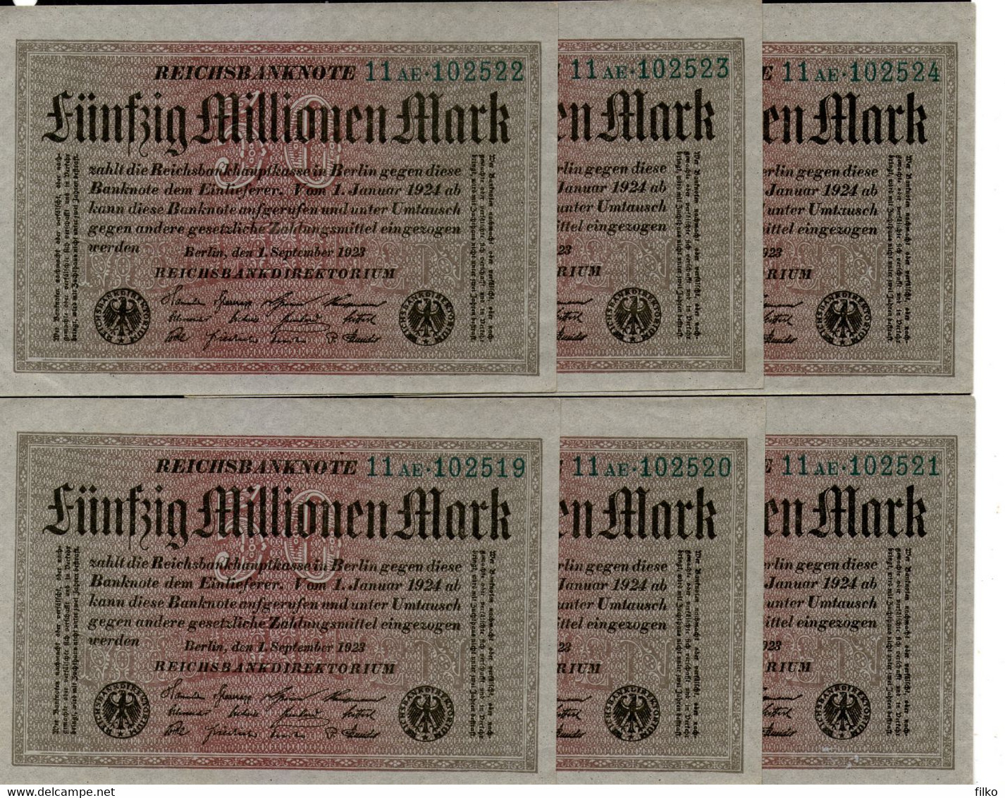 Germany,50 Millionen Mark,01.09.1923,UNC 6 X Consecutive Banknoteserial Number:11 AE.102519#11AE.102524(6 Pieces)as Scan - 50 Mio. Mark