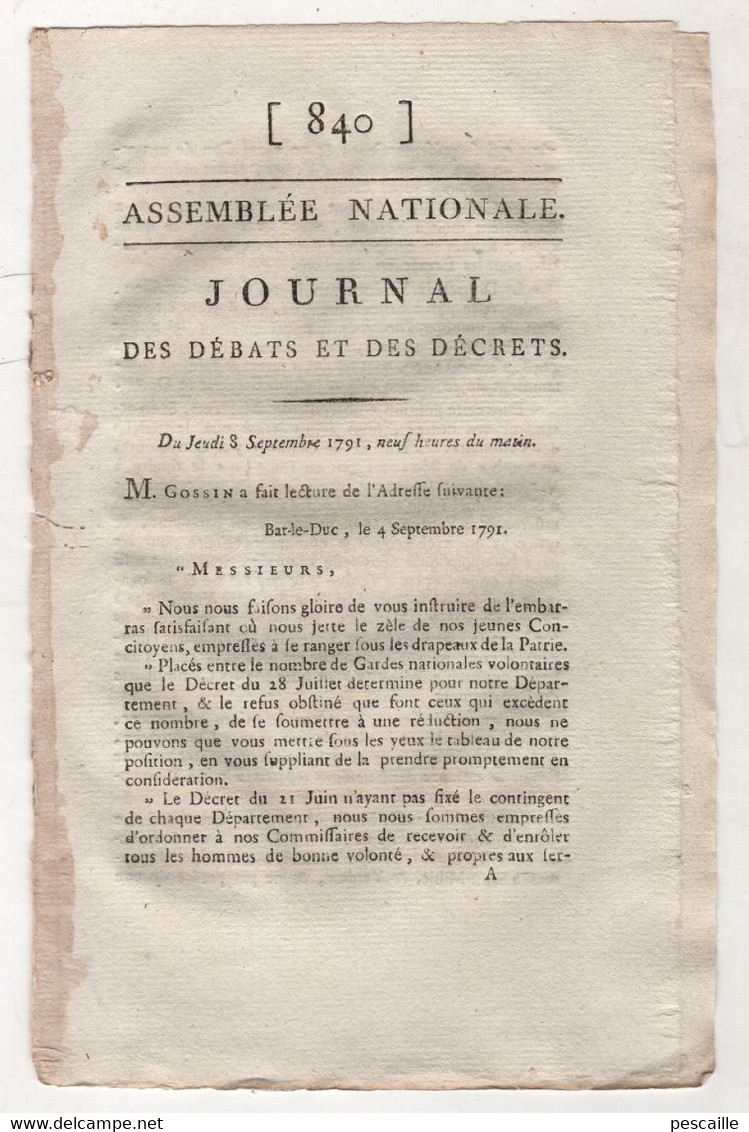 REVOLUTION FRANCAISE JOURNAL DES DEBATS 08 09 1791 - VOLONTAIRES MEUSE VERDUN ...- OCTROIS SAONE - SEINE & MARNE SOLDATS - Giornali - Ante 1800