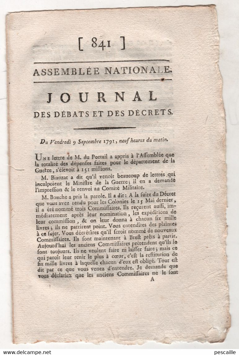REVOLUTION FRANCAISE JOURNAL DES DEBATS 09 09 1791 - COMMISSAIRES COLONIES - PAIEMENT DES ELECTEURS - Journaux Anciens - Avant 1800