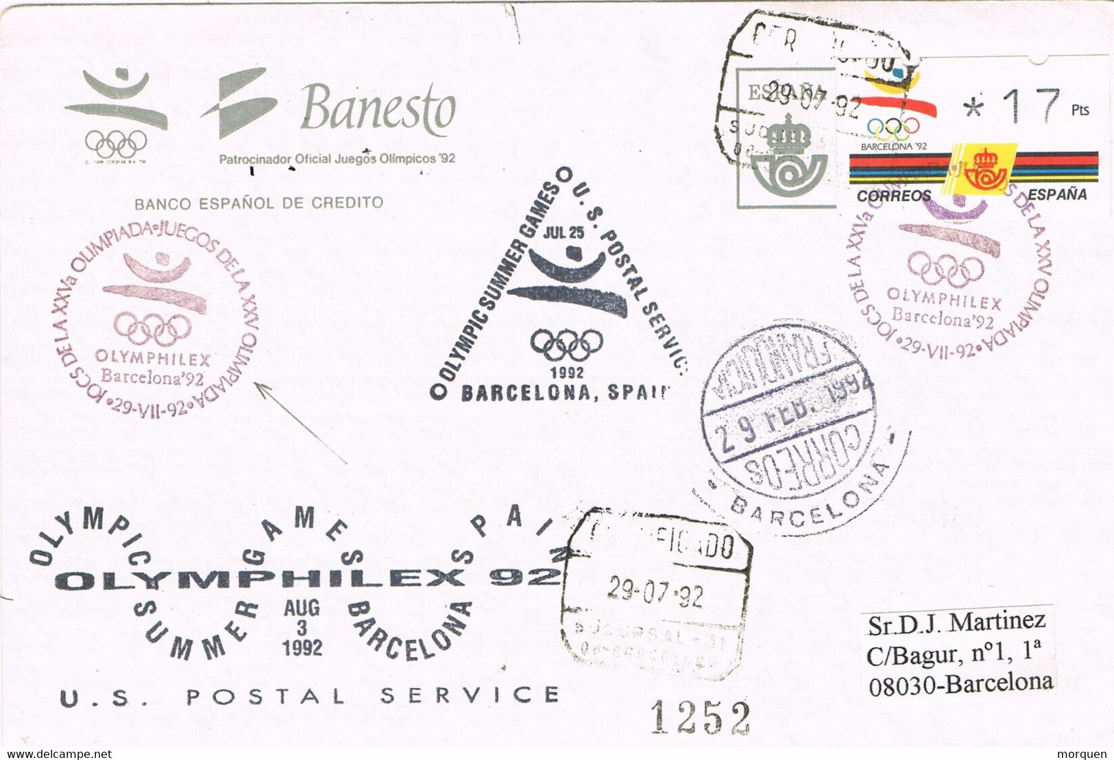 40281. Carta Certificada BARCELONA 1992. Juegos Olimpicos, Olymphilex. Banco Banesto. ATM Barcelona 92 - Covers & Documents