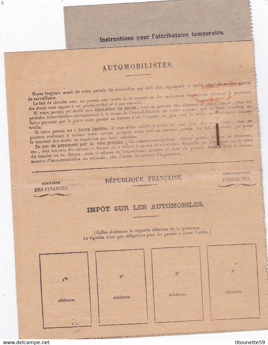PERMIS De CIRCULATION PROVISOIRE (Validité: 24 Août 1933)-Sté Des Automobiles DELAHAYE--TYPE 122 - Voitures