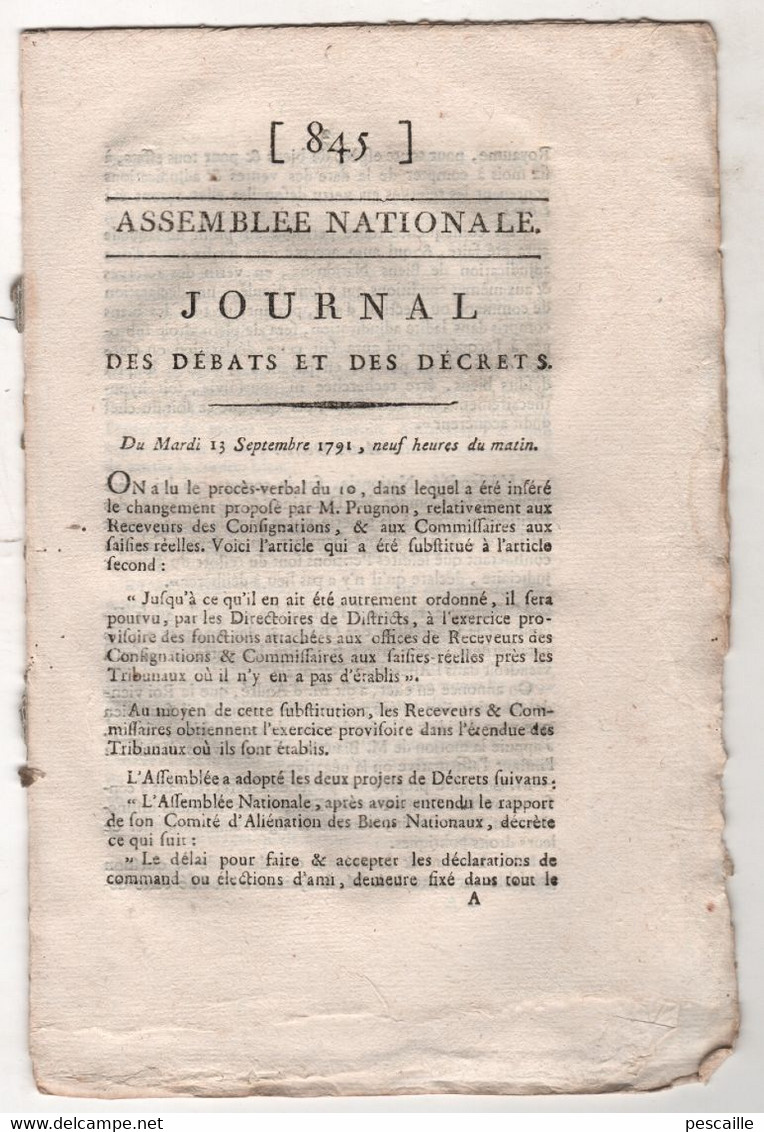 REVOLUTION FRANCAISE JOURNAL DES DEBATS 13 09 1791 - BIENS NATIONAUX - ABBE MAURY AVIGNON - GARDE NATIONALE PARIS - ROI - Zeitungen - Vor 1800