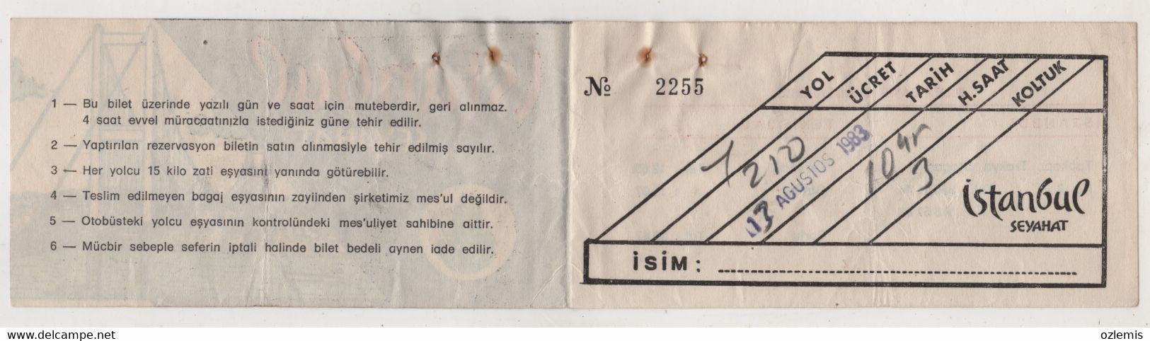 TURKEY ISTANBUL SEYAHAT BUS TICKET 1983 - Ohne Zuordnung