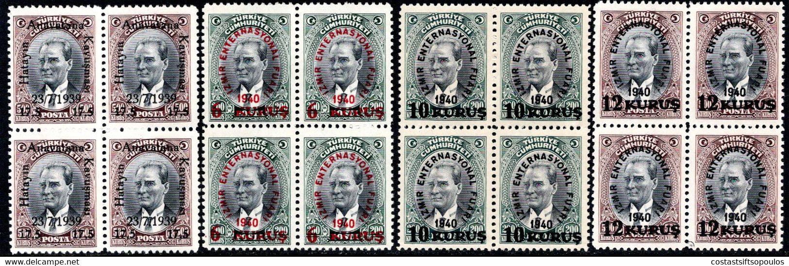162.TURKEY,1939 HATAY SC.828,1940 IZMIR FAIR,SC.848-850, MNH BLOCKS OF 4,KEMAL - Autres & Non Classés