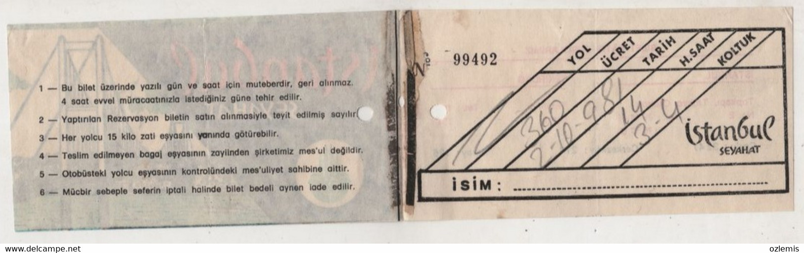 TURKEY ISTANBUL SEYAHAT BUS TICKET 1981 - Unclassified