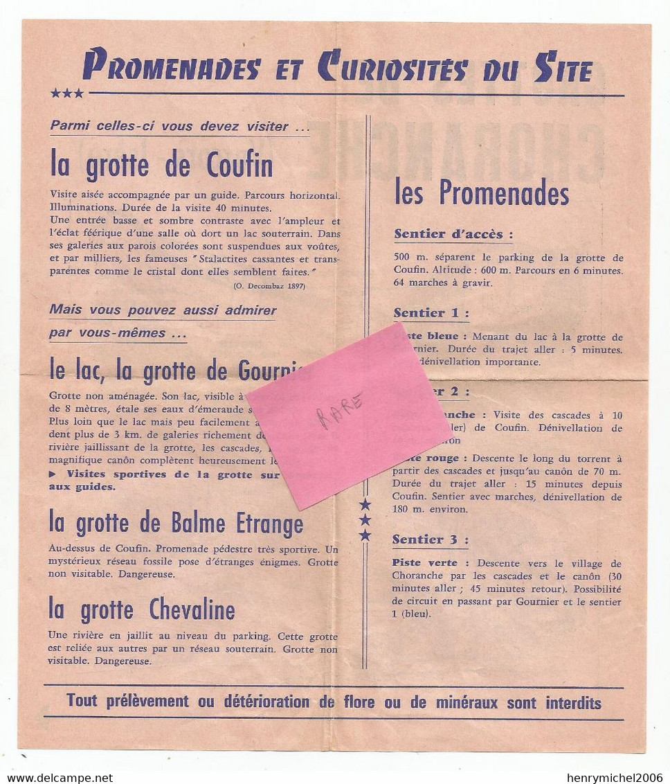 Dépliant Touristique Grottes De Chorance , Balme étrange , Chevaline , Gournier ,coufin Vercors 38 Isère 18,5x21,5 Cm - Toeristische Brochures