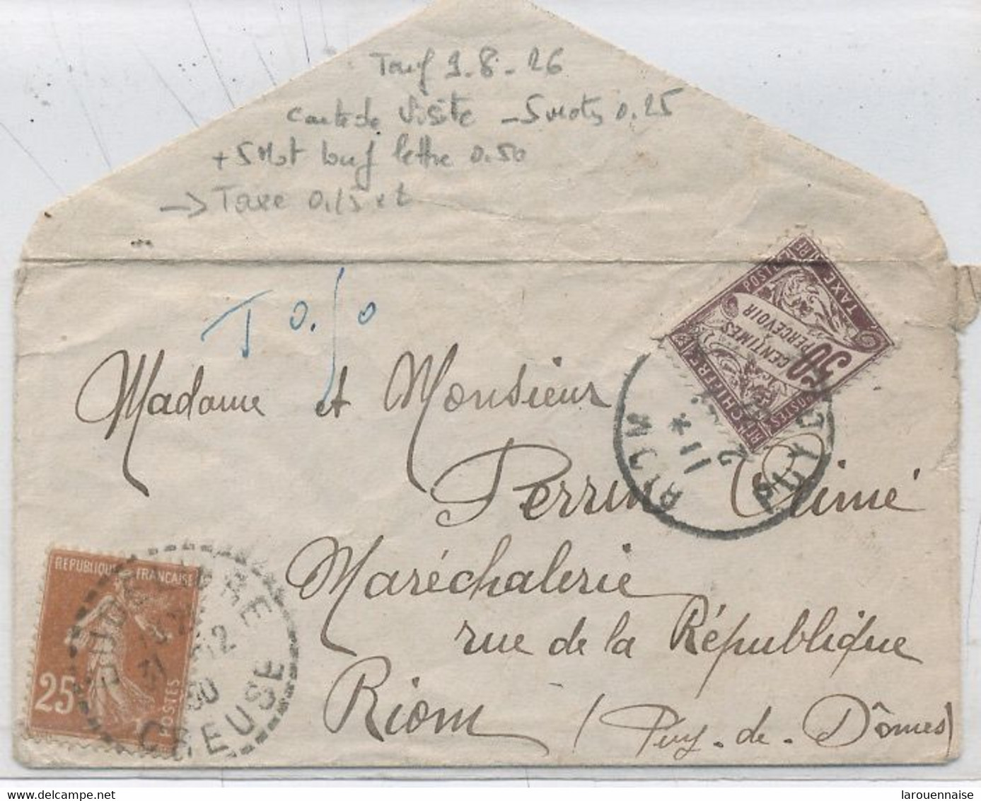 TAXE  : N°37 / LETTRE INSUFFISAMENT Affranchie -Tarif 9-8-26 : Carte De Visite  -5 Mots =0,25  +5Mots0,50 - 1859-1959 Briefe & Dokumente