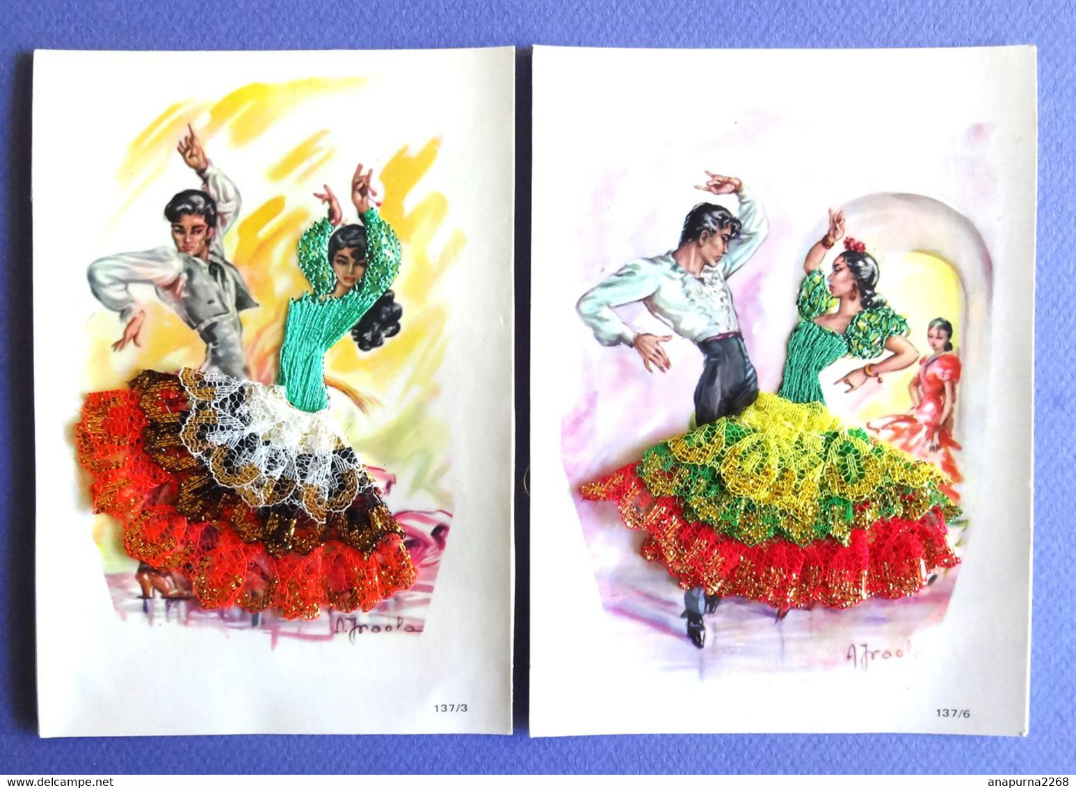 2 CARTES BRODEES. ...ESPAGNE....DANSEURS DE FLAMENCO - Ricamate