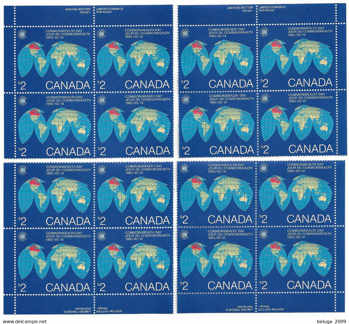 Canada 1983 #977 $2 Commonwealth Day - Map Of Earth 4 Corner Blocks MNH Cat $250 - Fogli Completi