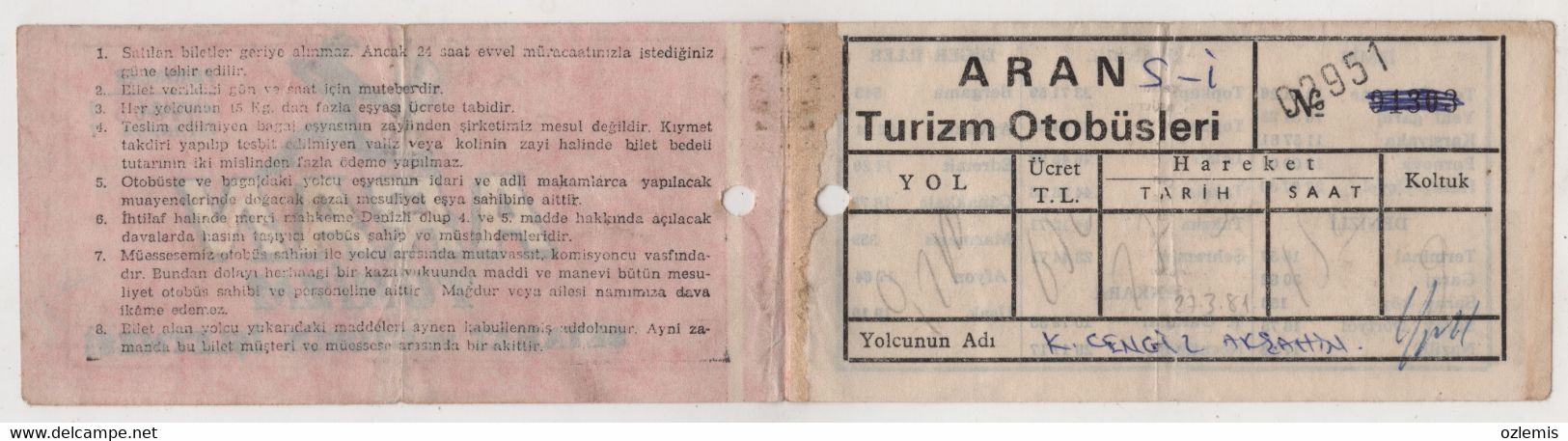 TURKEY ANKARA ARAN TURIZM SEYAHAT  BUS TICKET - Non Classés