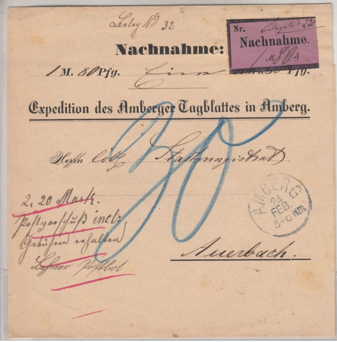 Bayern - Amberg, Nachnahme-Streifband/Nachporto (Amberger Tagblatt) N. Auerbach - Other & Unclassified