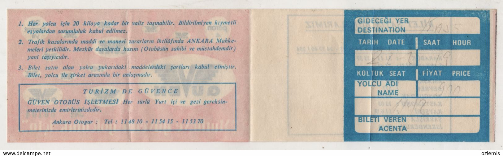 TURKEY ANKARA GUVEN TURIZM BUS TICKET - Unclassified