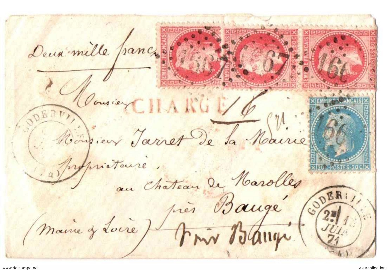 LETTRE CHARGE DE GODERVILLE . AFFRANCHISSEMENT DE 1871 AVEC 3 TIMBRES  NAPOLEON LAURE 80CTS + 1 A 20 CTS - 1849-1876: Période Classique