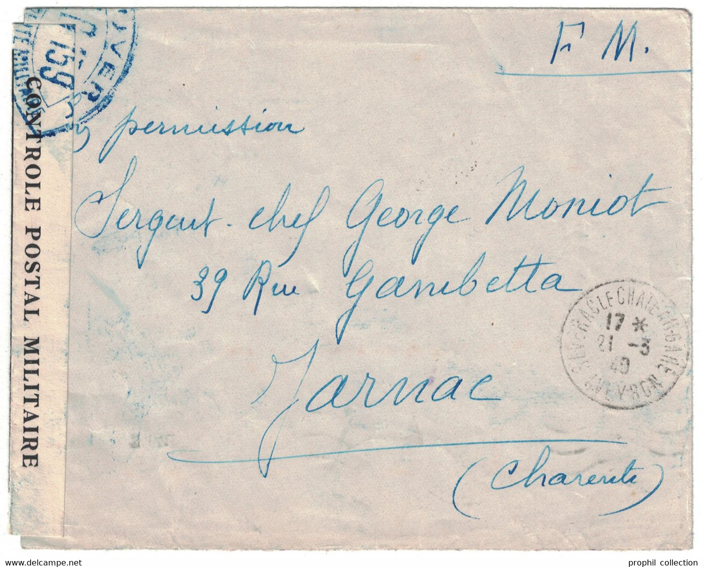 BANDE + CACHET DE CENSURE Sur LETTRE 1940 En FRANCHISE MILITAIRE De SEVERAC LE CHATEAU AVEYRON Pour JARNAC WW2 - 1921-1960: Periodo Moderno