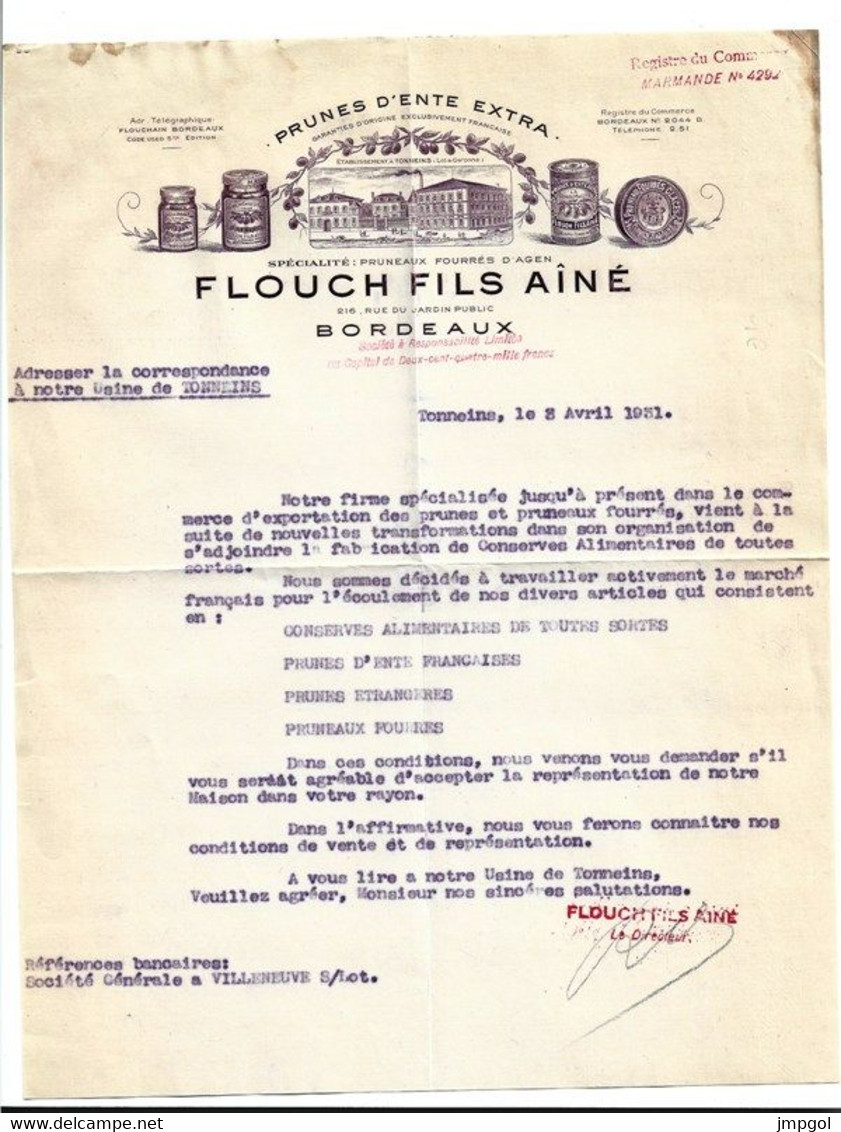 Facture Prunes D'Ente Extra Pruneaux D'Agen Flouch Fils Aîné Rue Jardin Public Bordeaux Usine Tonneins 1931 - Alimentare