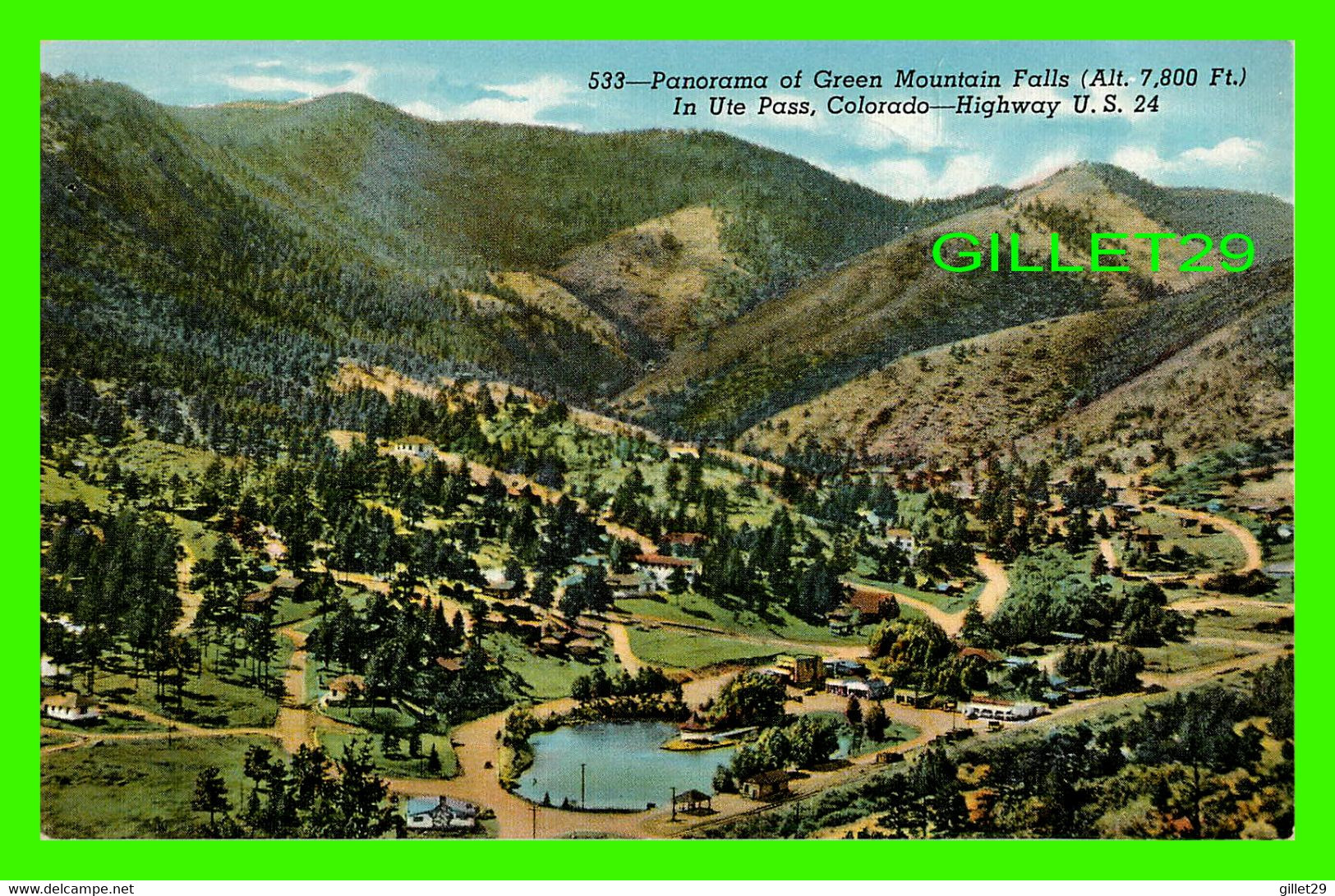 COLORADO SPRINGS, CO - UTE PASS, PANORAMA OF GREEN MOUNTAIN FALLS, HIGHWAY - TRAVEL IN 1944 - SANBORN SOUVENIR CO - - Colorado Springs