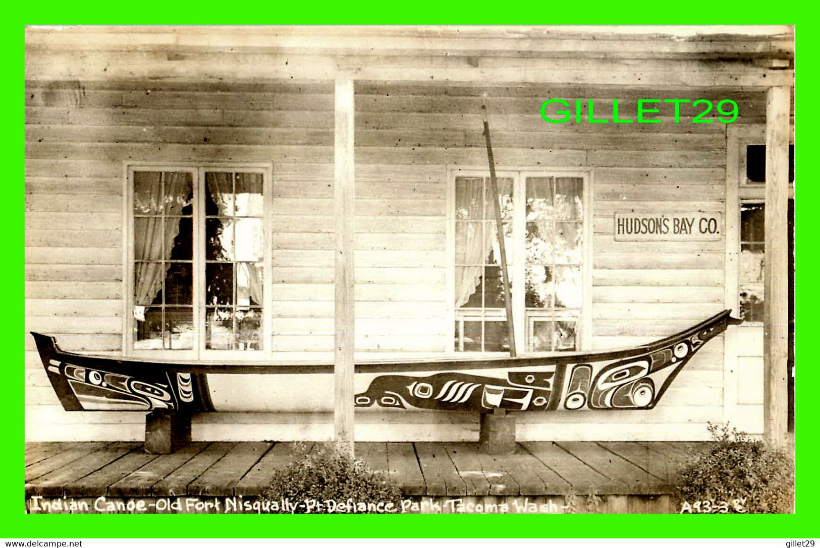 TACOMA, WA - INDIAN CANOE OLD FORT NISQUALLY, PT DEFIANCE PARK - SIGN OF HUDSONS BAY CO - REAL PHOTOGRAPH - - Tacoma