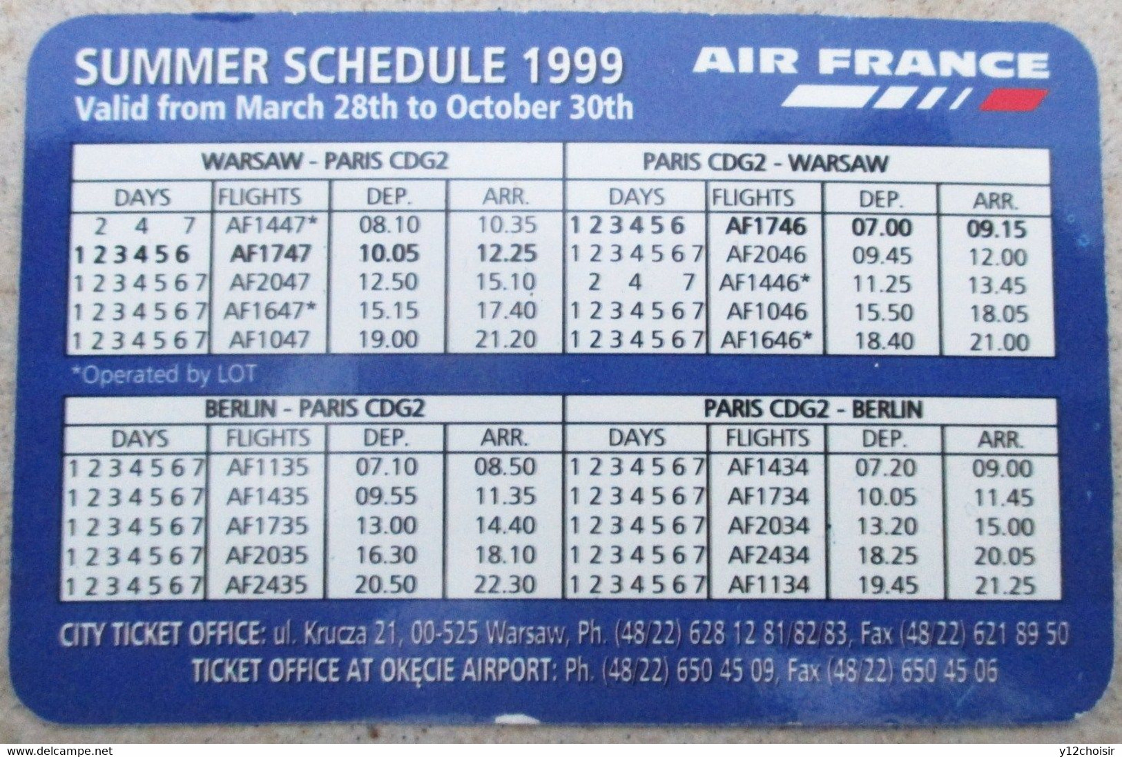 Carte AIR FRANCE NOUVELLE LIGNE WARSZAWA PARYZ VARSOVIE PARIS BERLIN 1999 Horaires - Tijdstabellen