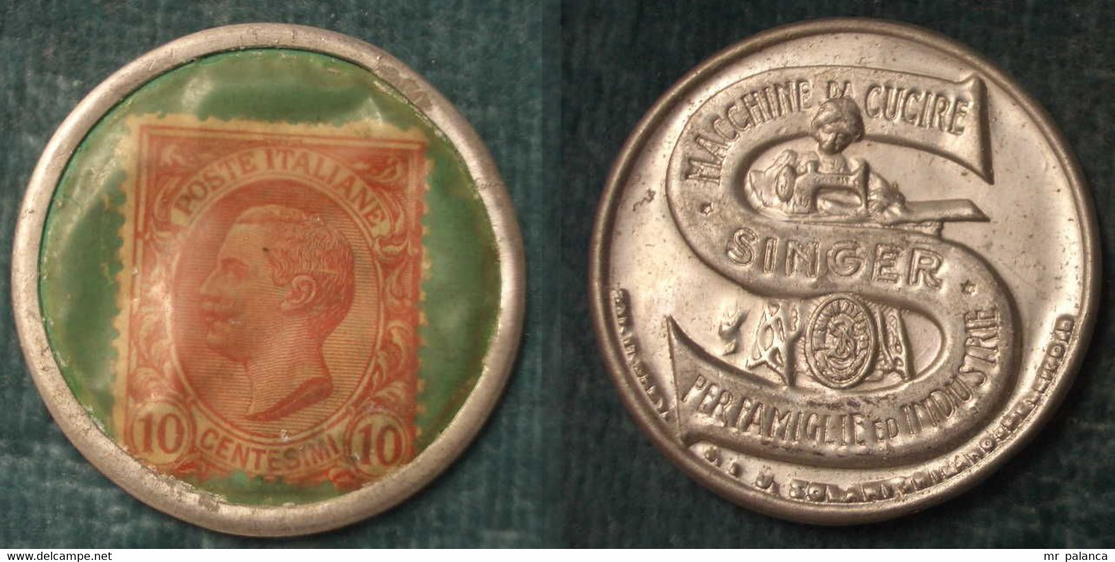 M_p> CURIOSITA' Gettone / Token Con Francobollo - Moneta Di Necessità Francobollo Da 10 Centesimi - SINGER - Monedas/ De Necesidad