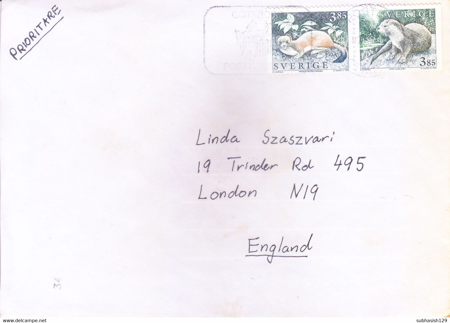 SWEDEN : USED COVER : YEAR 1997 : SPECIAL CANCELLATION : USE OF 2v DIFFERENT WILD LIFE STAMPS : SENT TO ENGLAND - Briefe U. Dokumente