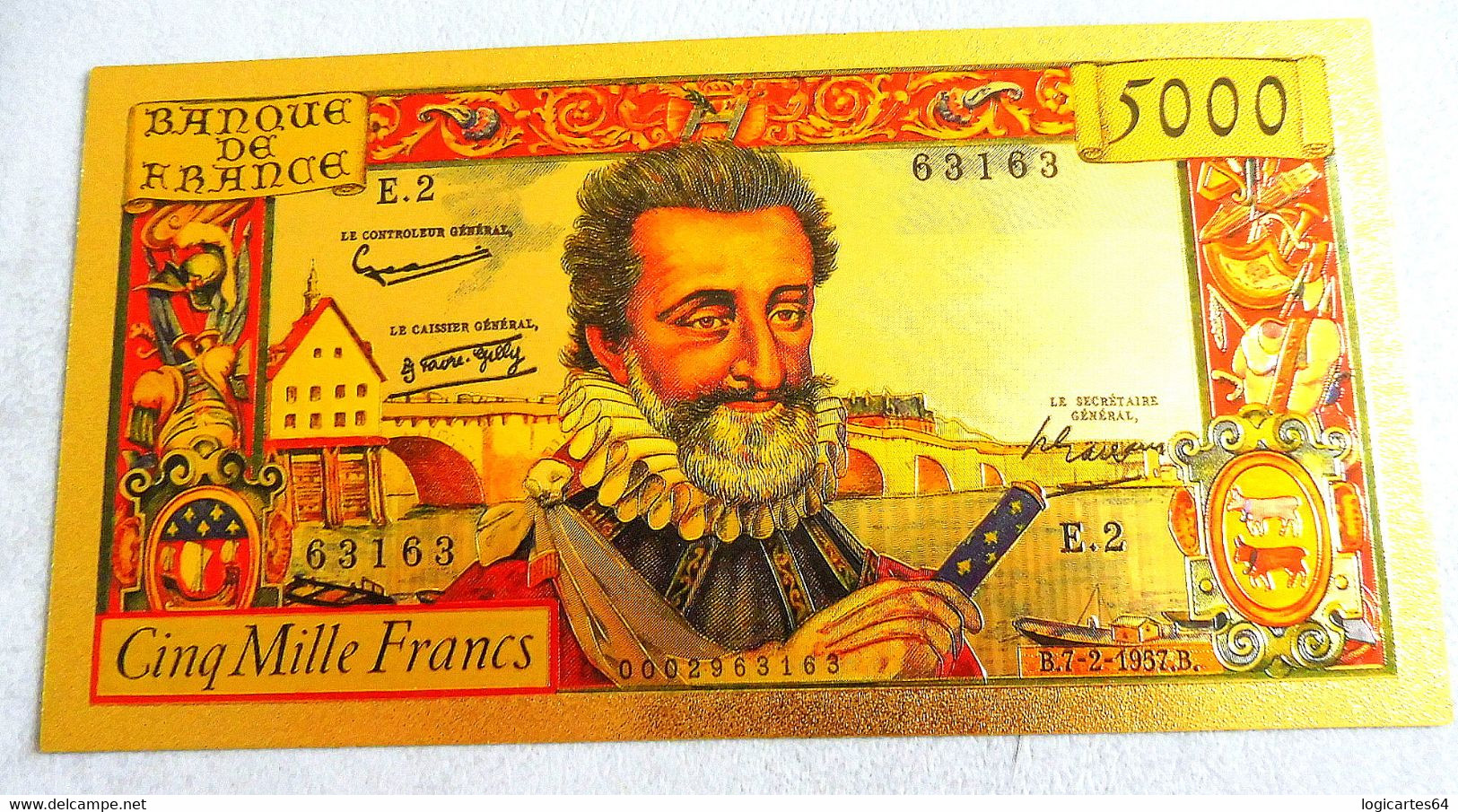 ★  BILLET POLYMER " OR " AVEC COULEURS DU 5000 FRANCS HENRI IV ★ - 5 000 F 1957-1958 ''Hendrik IV'' Van Frankrijk