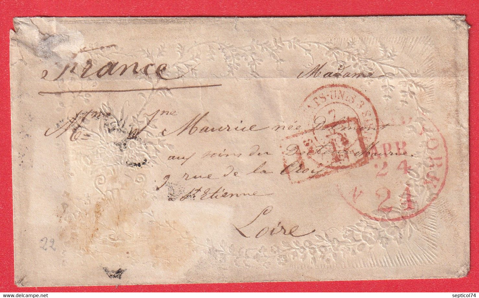 VALENTINE LOVE LETTER NEW YORK USA 1861 ST ETIENNE LOIRE PP ENCADRE ROUGE - …-1845 Prefilatelia