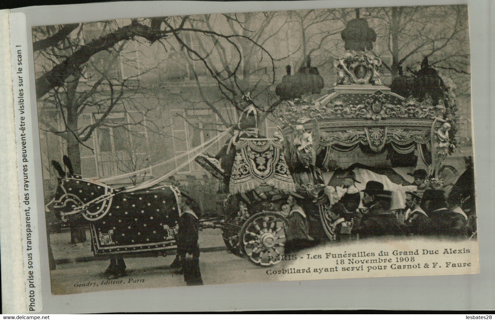 PARIS LES FUNERAILLES DU GRAND DUC ALEXIS 18 NOVEMBRE 1908 CORBILLARD AYANT SERVI POUR CARNOT  (AVRI 2021 269) - Funeral