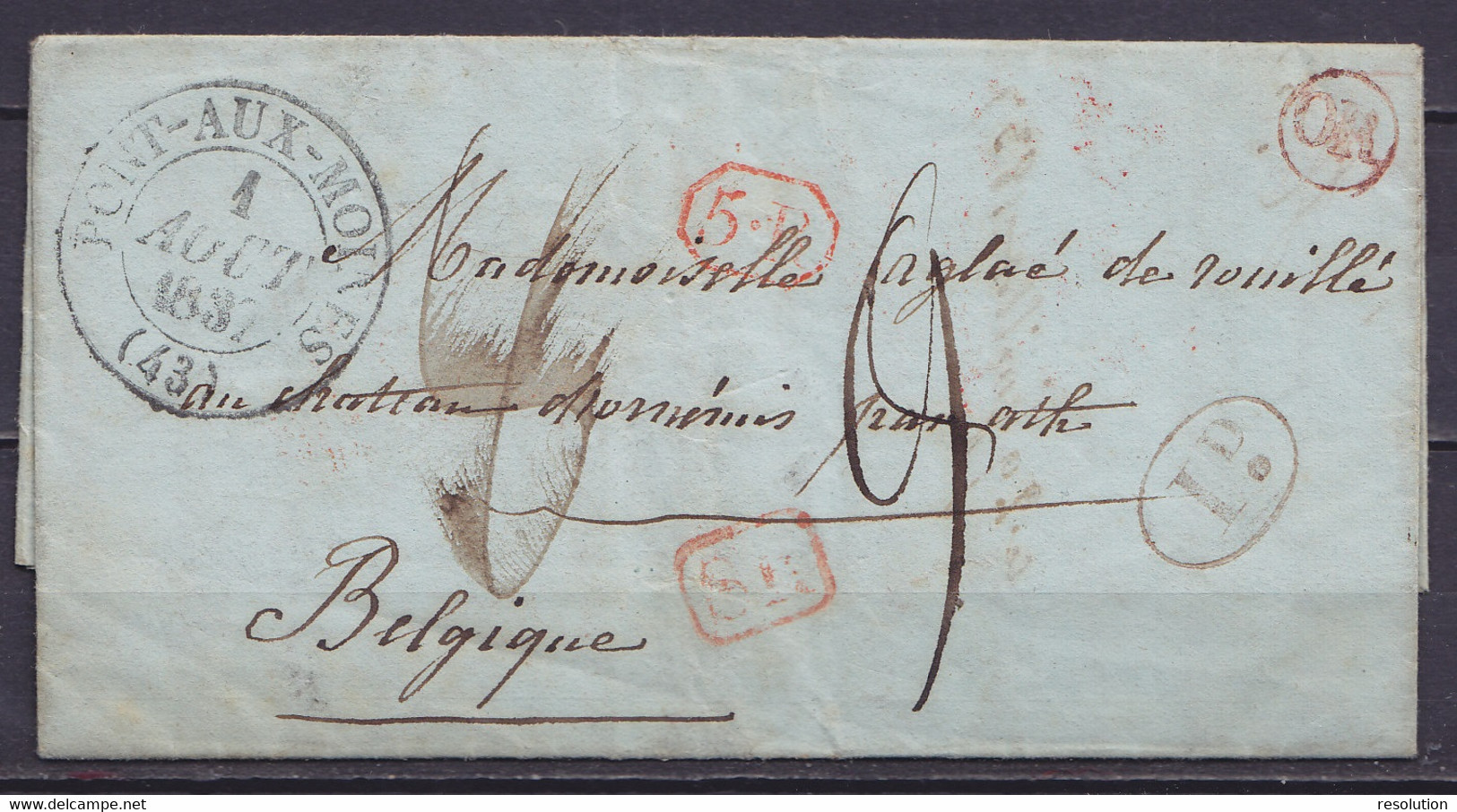 LAC Càd PONT-AUX-MOINES /1 AOUT 1837 Pour ATH - Griffes [SR] & [5.R] - Boîte "OR" - Port "9" (au Dos: Càd Arrivée ATH + - 1830-1849 (Independent Belgium)