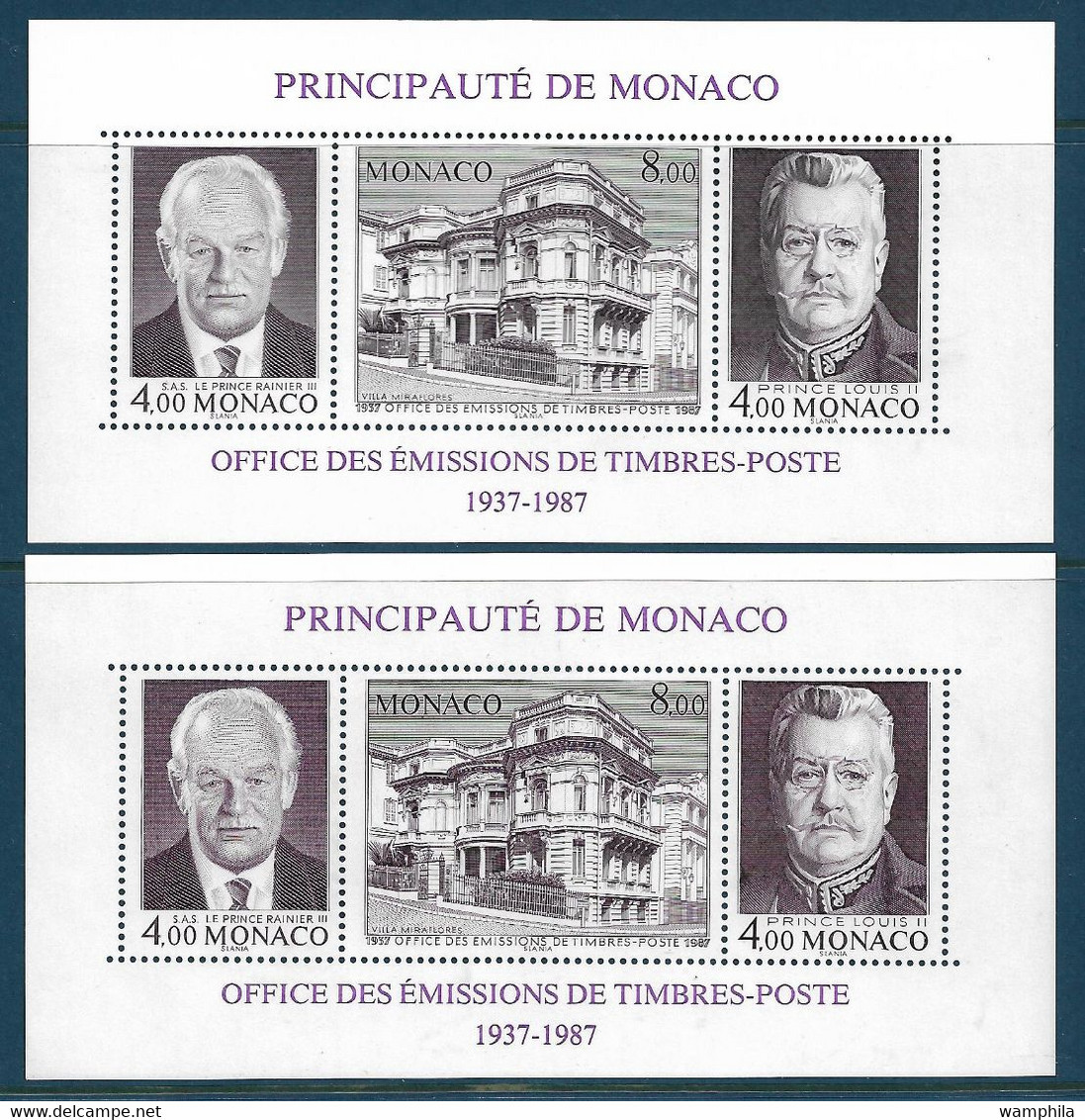 Monaco N°39** 2 Blocs Avec Variété De Couleur. Gris Et Violet- Gris - Plaatfouten En Curiosa