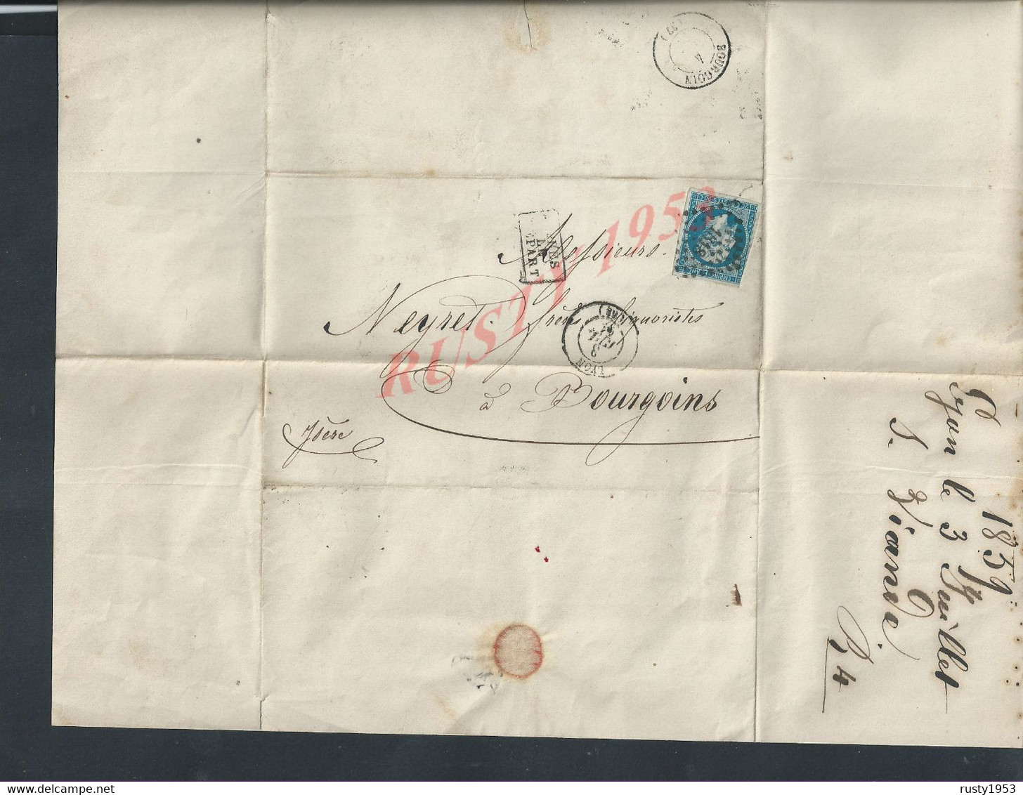 LETTRE COMMERCIALE DE 1859 PLM SUR TIMBRE NAPOLEON CHEMINS DE FER PARIS X LYON & À LA MEDITERRANEE POUR BOURGOIN : - 1862 Napoléon III