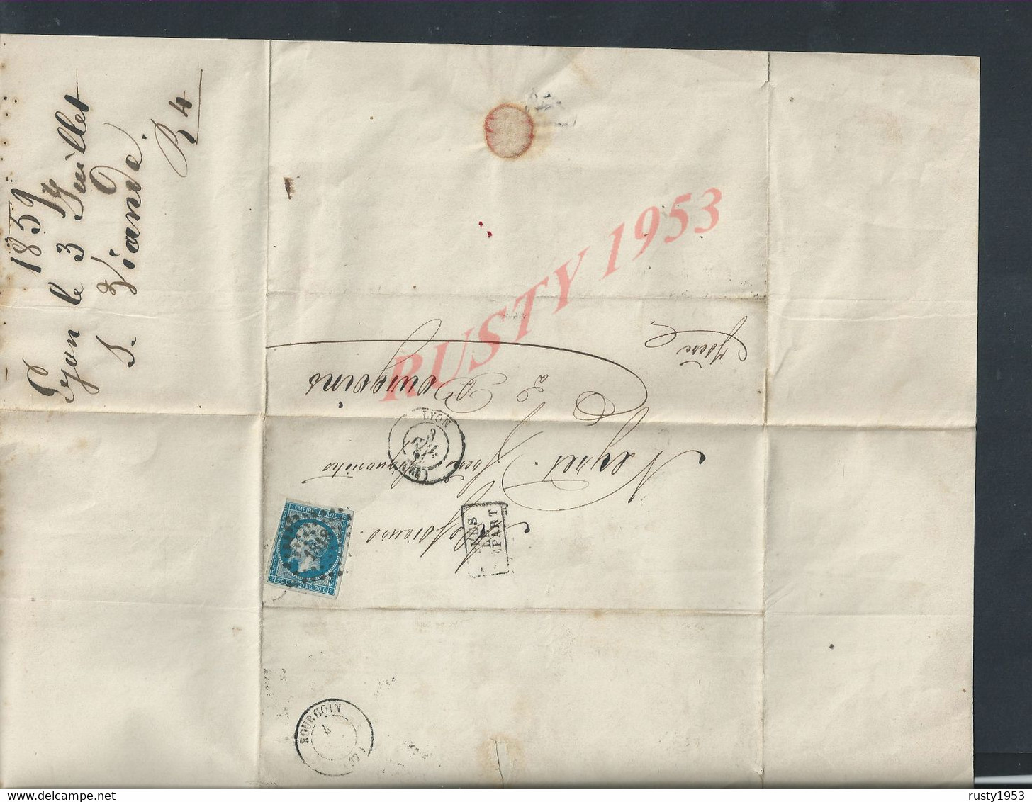 LETTRE COMMERCIALE DE 1859 PLM SUR TIMBRE NAPOLEON CHEMINS DE FER PARIS X LYON & À LA MEDITERRANEE POUR BOURGOIN : - 1862 Napoléon III