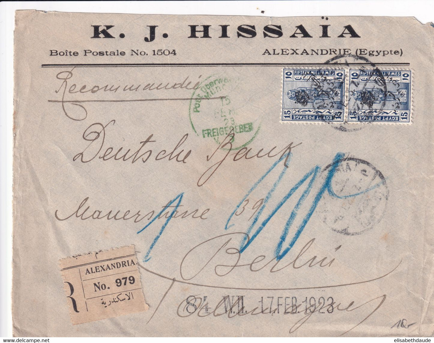 EGYPTE - 1923 - ENVELOPPE RECOMMANDEE De ALEXANDRIE CACHET De CONTROLE POSTAL De MUNICH => BERLIN - Briefe U. Dokumente