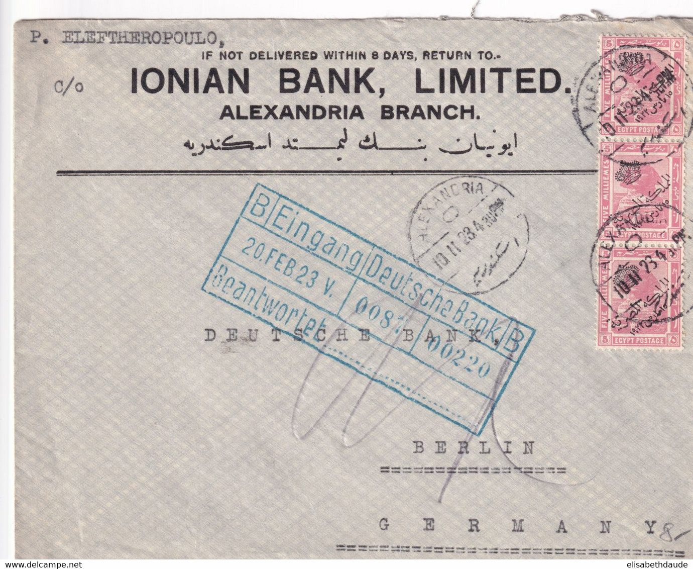 EGYPTE - 1923 - ENVELOPPE De ALEXANDRIE => BERLIN - Briefe U. Dokumente