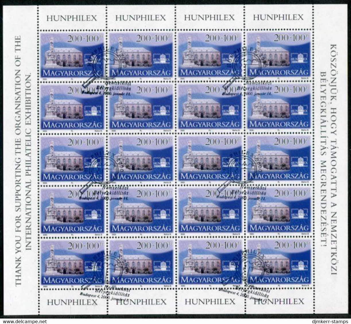 HUNGARY 2000 HUNPHILEX Stamp Exhibition. Sheet Of 20, Cancelled.  Michel 4578 - Blocs-feuillets
