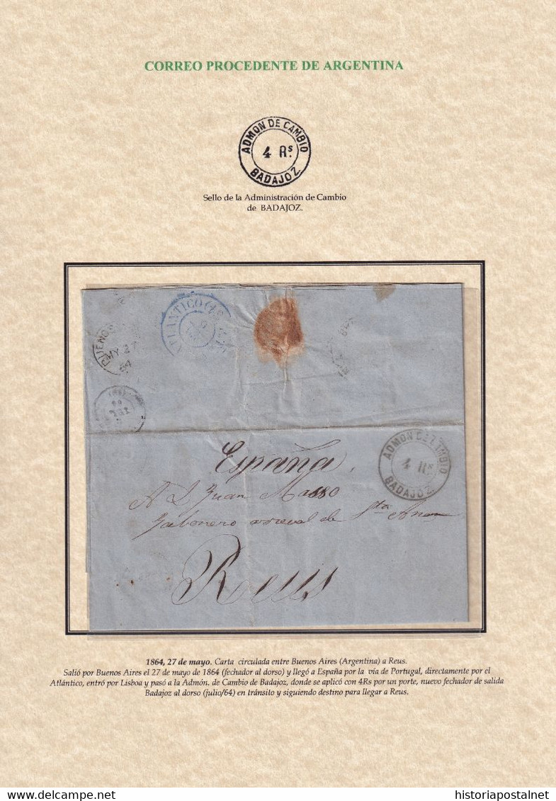 1863. BUENOS AIRES A MADRID. FECHADOR OCTOGONAL CONFEDERACIÓN. MARCA ADMIN. DE CAMBIO. SIN SELLOS. INTERESANTE. - Buenos Aires (1858-1864)