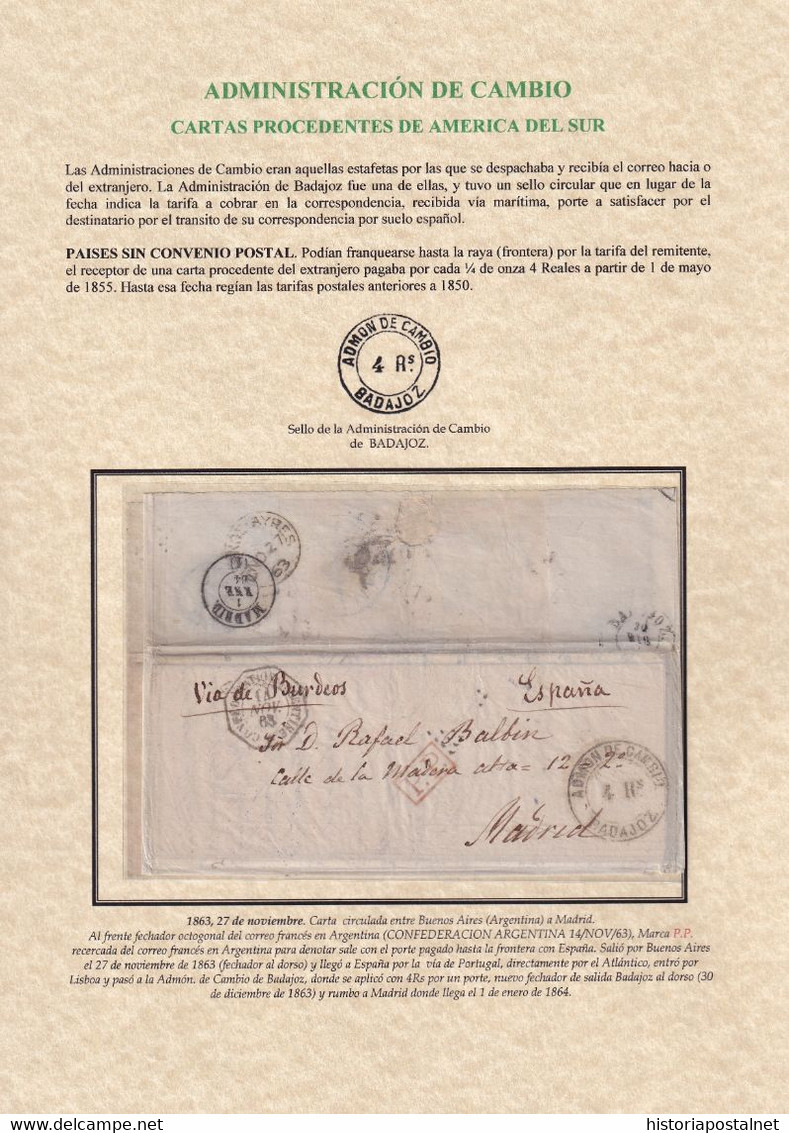 1864. BUENOS AIRES A REUS. MARCA ADMIN. DE CAMBIO DE BADAJOZ. CIRCULAR. FECHADOR INGLÉS. MUY BONITA E INTERESANTE. - Buenos Aires (1858-1864)