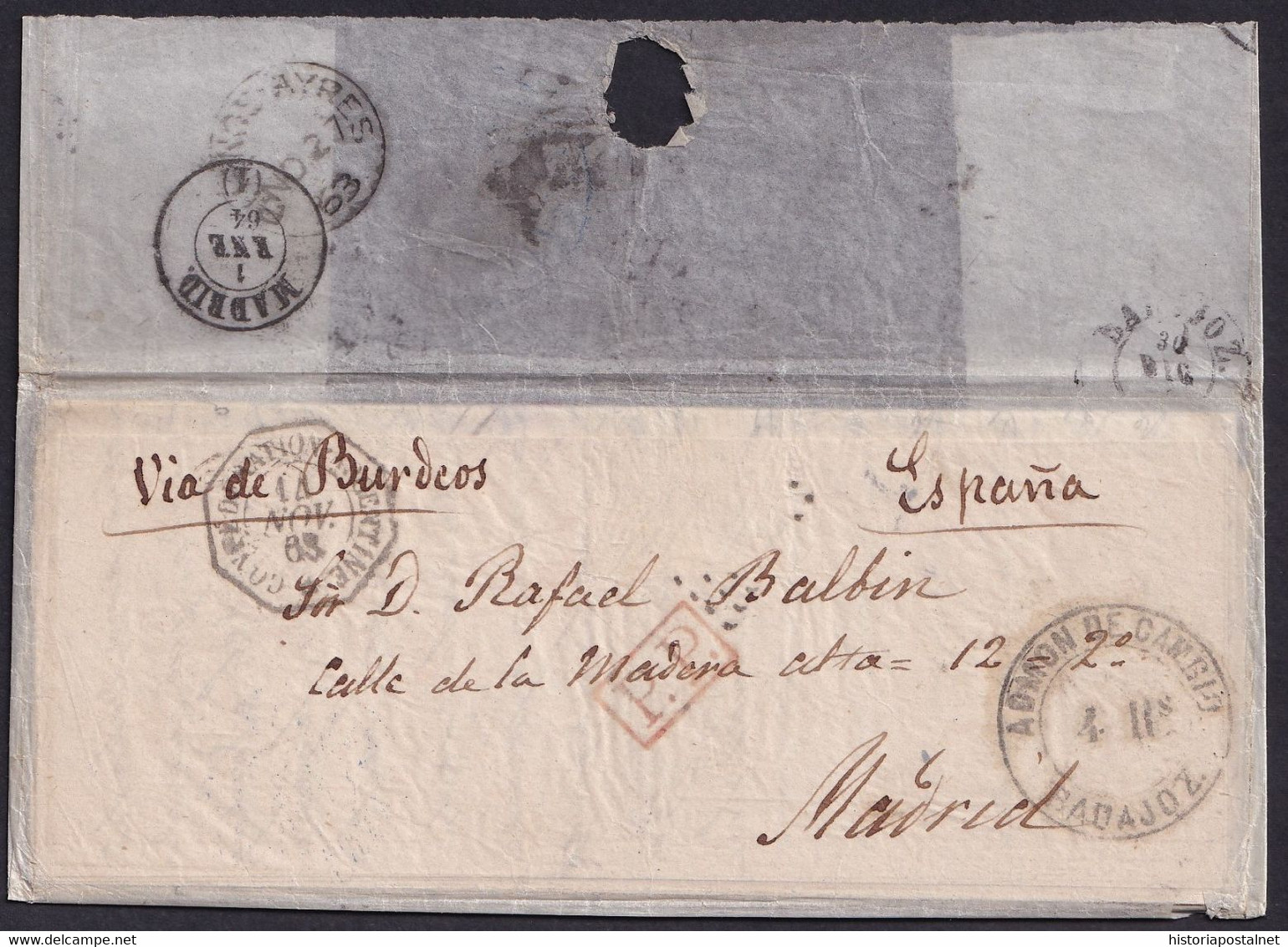 1864. BUENOS AIRES A REUS. MARCA ADMIN. DE CAMBIO DE BADAJOZ. CIRCULAR. FECHADOR INGLÉS. MUY BONITA E INTERESANTE. - Buenos Aires (1858-1864)