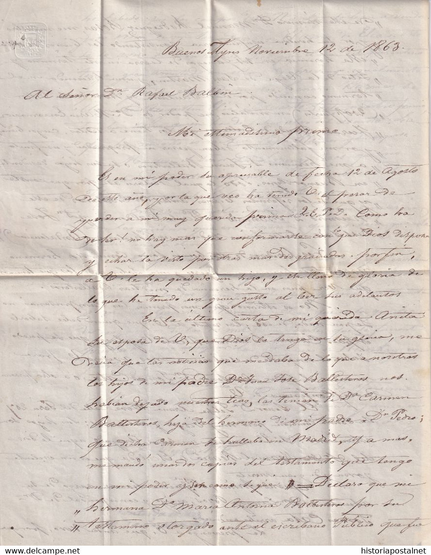 1864. BUENOS AIRES A REUS. MARCA ADMIN. DE CAMBIO DE BADAJOZ. CIRCULAR. FECHADOR INGLÉS. MUY BONITA E INTERESANTE. - Buenos Aires (1858-1864)