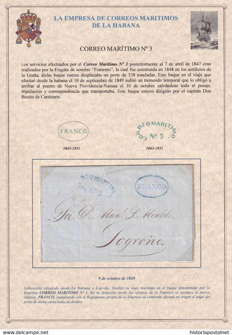 1849. LA HABANA A LOGROÑO. MARCA CORREO MARITIMO Nº 3 Y FRANCO RECERCADO. EMPRESA CORREOS MARÍTIMOS. MUY BONITA. - Prefilatelia